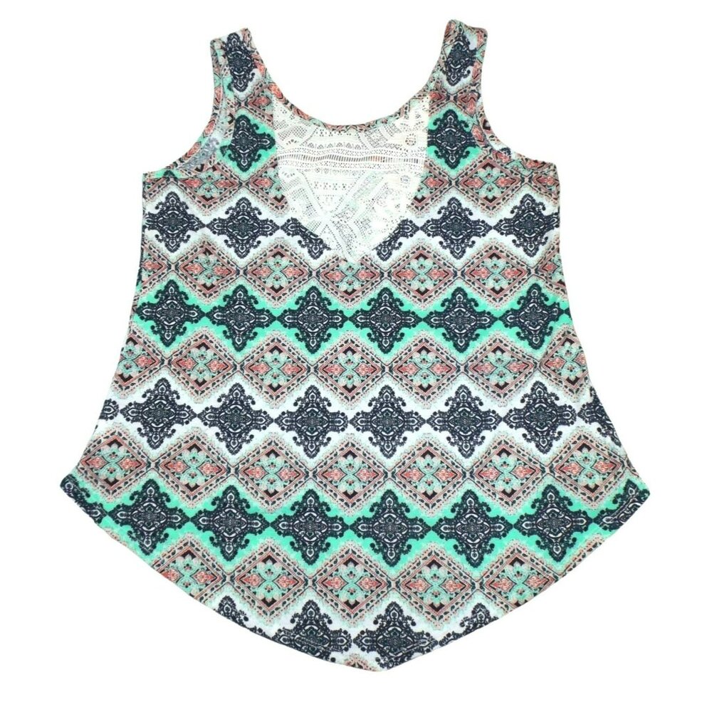 Womens Sleeveless Top Teal Pink Black Lace Insert Tank size Large  JH921